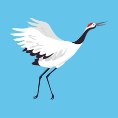 Red Crowned Crane as Long-legged and Long-necked Bird Running with Spread Wings on Blue Background Vector Illustration