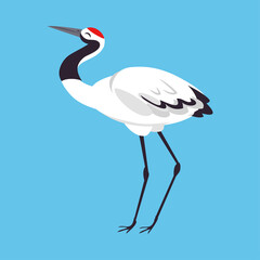 Red Crowned Crane as Long-legged and Long-necked Bird Standing on Blue Background Vector Illustration