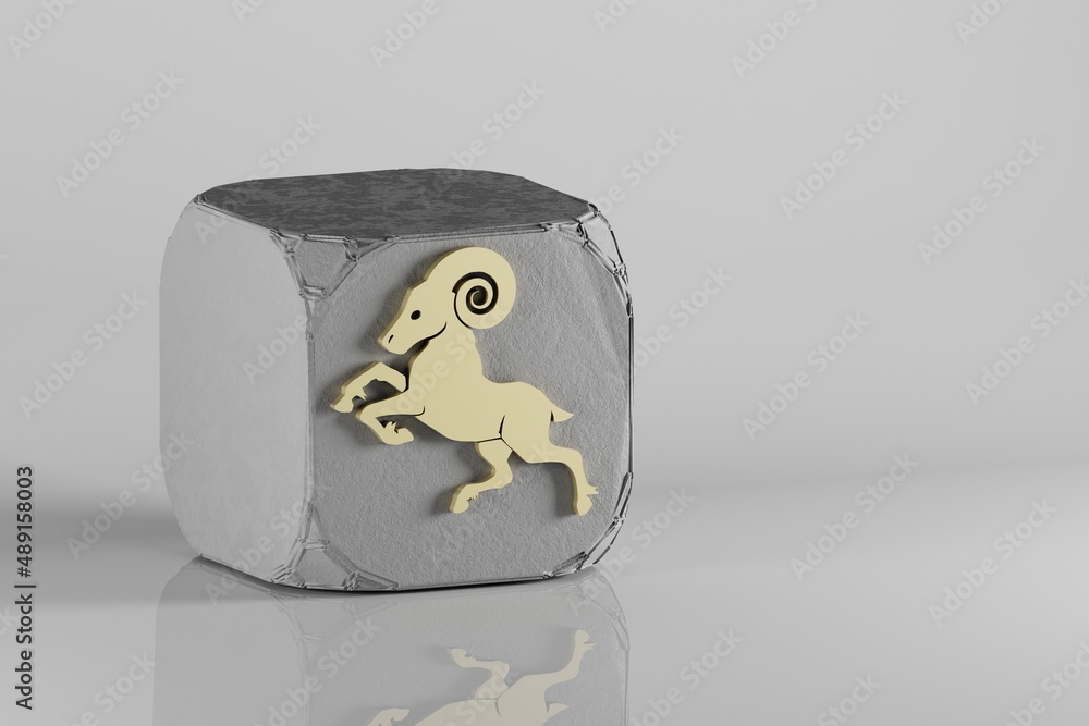 Poster beautiful golden zodiac sign capricorn symbol icons on a beton cube and white ceramic background. 3d
