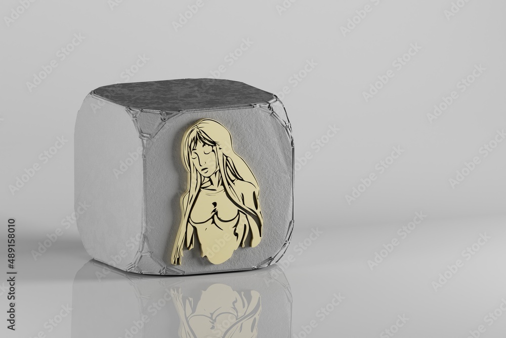 Poster beautiful golden zodiac sign virgo symbol icons on a beton cube and white ceramic background. 3d ren