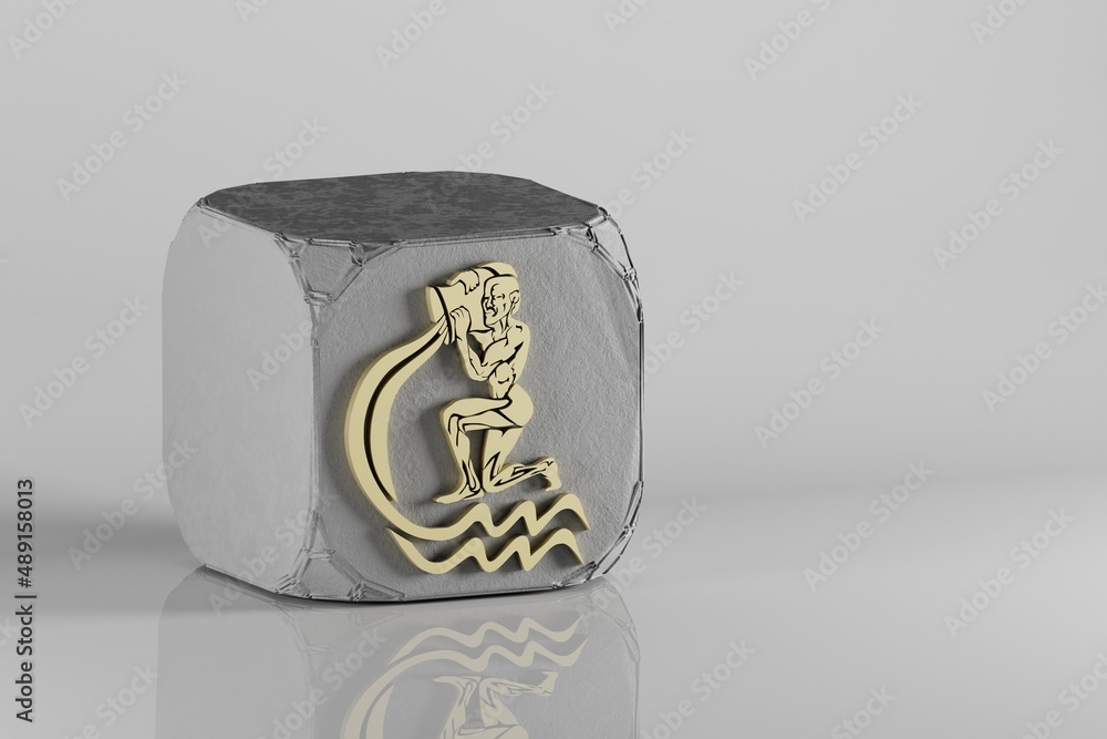 Poster beautiful golden zodiac sign aquarius symbol icons on a beton cube and white ceramic background. 3d 