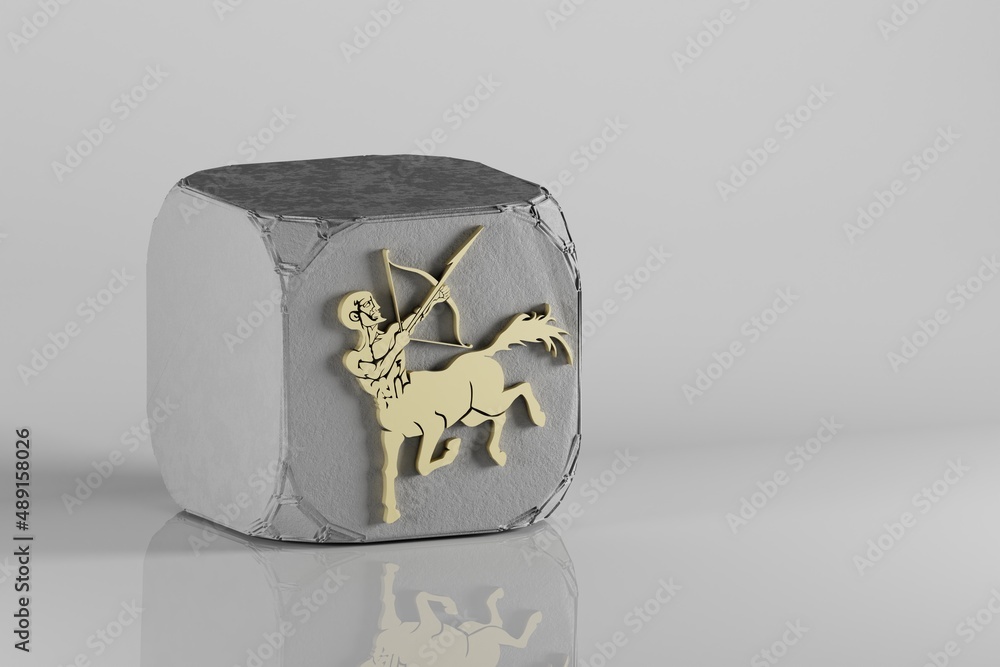 Poster beautiful golden zodiac sign sagittarius symbol icons on a beton cube and white ceramic background. 