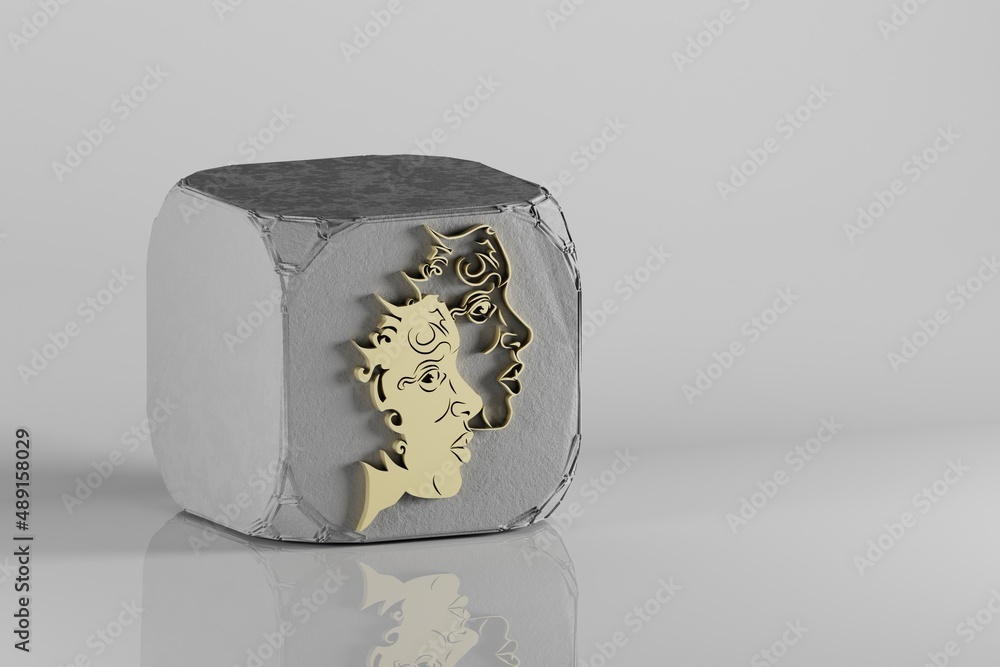 Poster beautiful golden zodiac sign gemini symbol icons on a beton cube and white ceramic background. 3d re