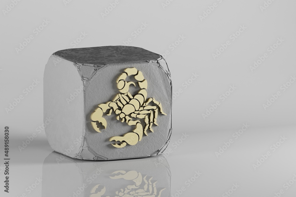 Poster beautiful golden zodiac sign scorpio symbol icons on a beton cube and white ceramic background. 3d r