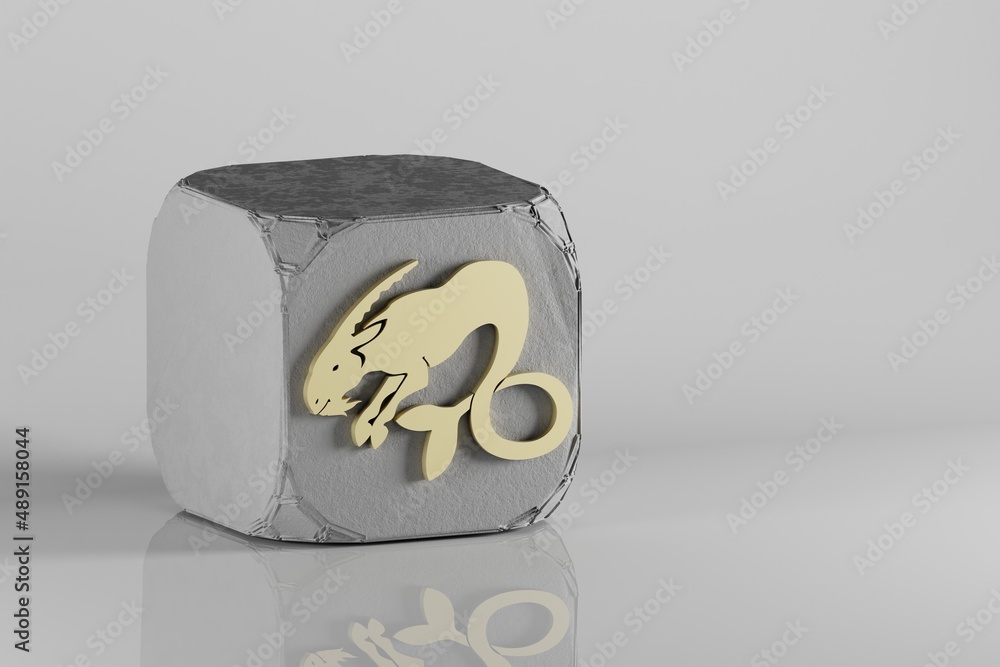 Poster beautiful golden zodiac sign aries symbol icons on a beton cube and white ceramic background. 3d ren
