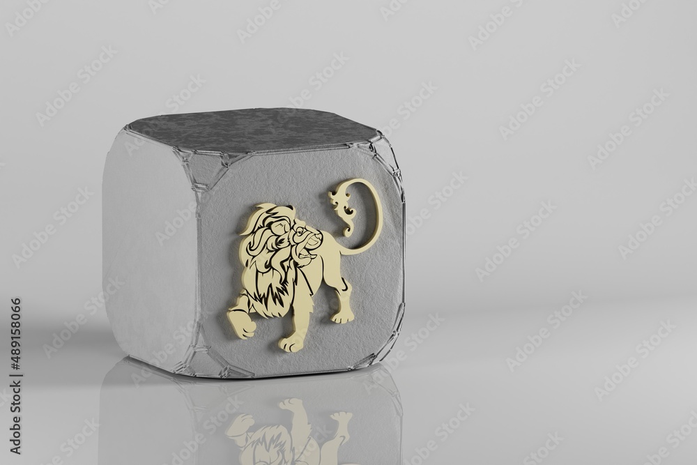 Poster beautiful golden zodiac sign leo symbol icons on a beton cube and white ceramic background. 3d rende