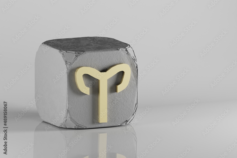 Poster beautiful golden zodiac sign aries symbol icons on a beton cube and white ceramic background. 3d ren