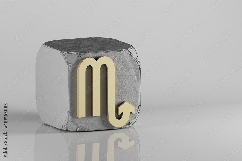Poster beautiful golden zodiac sign scorpio symbol icons on a beton cube and white ceramic background. 3d r
