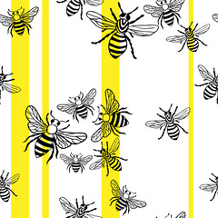 Bees seamless, endless vector pattern with yellow stripes. Hand-drawn insects, wasps in the style of doodles. Vector. Liner art bee wallpaper of modern design. eco-friendly, organic fashion textiles