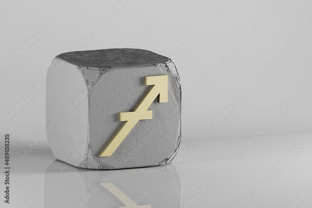 Poster beautiful golden zodiac sign sagittarius symbol icons on a beton cube and white ceramic background. 
