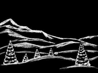  Christmas trees and mountains are white on a black background