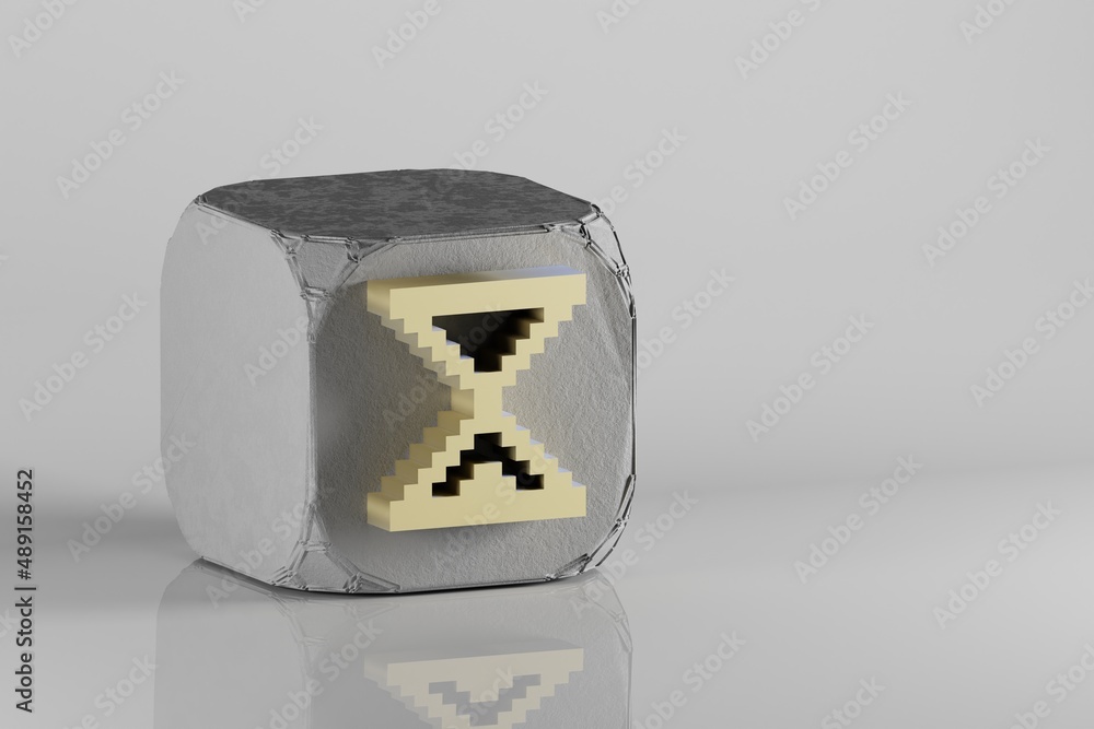 Poster Beautiful Golden Pixel icon hourglass symbol icons on a beton cube and white ceramic background. 3d rendering illustration. Background pattern for design..