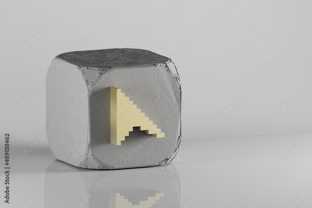 Poster Beautiful Golden Pixel icon Cursor symbol icons on a beton cube and white ceramic background. 3d rendering illustration. Background pattern for design..