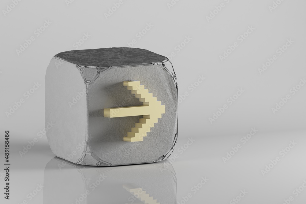 Fototapete beautiful golden pixel icon arrow right symbol icons on a beton cube and white ceramic background. 3