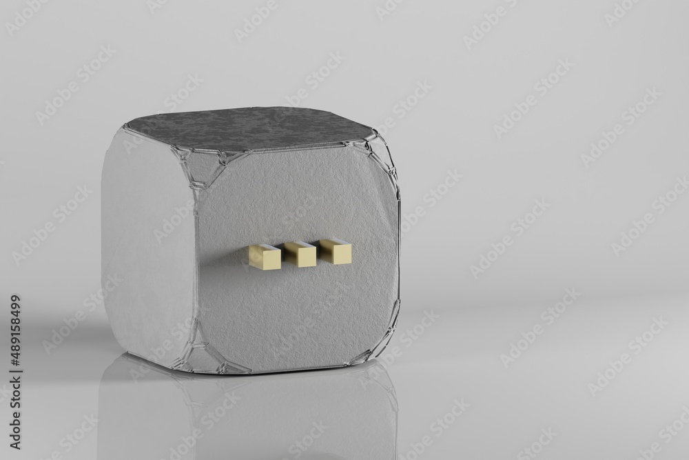 Fototapete beautiful golden pixel icon ellipsis symbol icons on a beton cube and white ceramic background. 3d r
