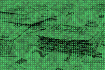 binary code grid from bright green numbers on the background of euro banknotes, ecommerce concept