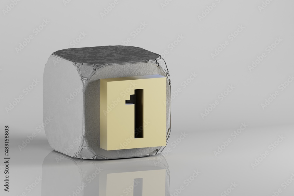 Fototapete beautiful golden pixel number 1 symbol icons on a beton cube and white ceramic background. 3d render