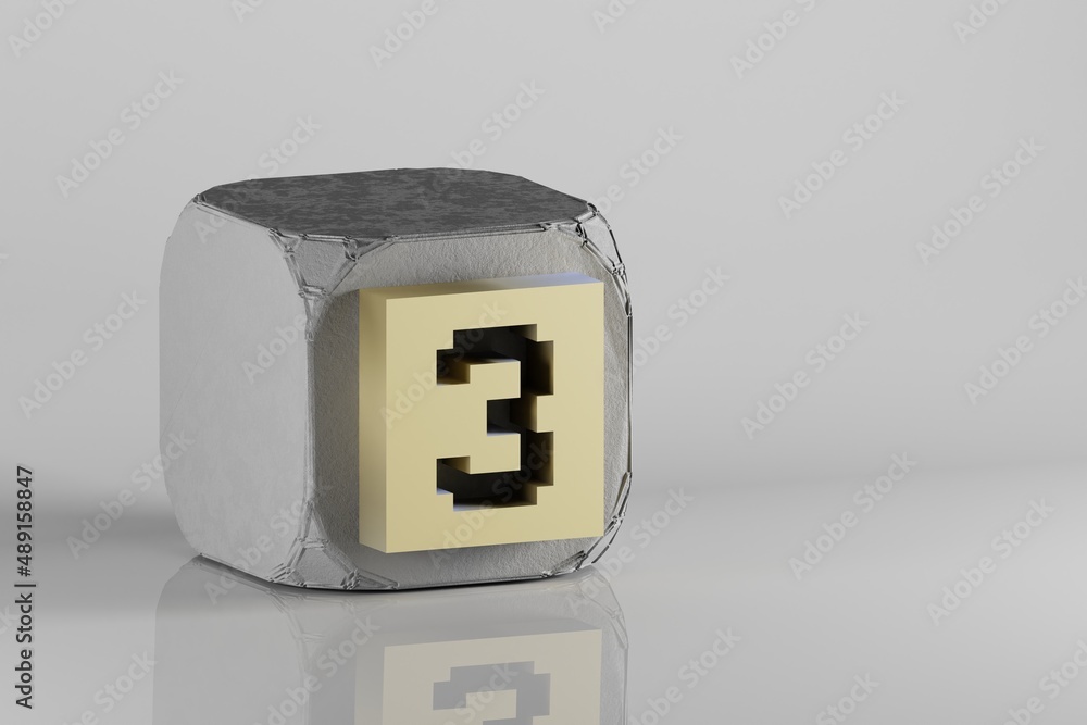 Fototapete Beautiful Golden Pixel number 3. symbol icons on a beton cube and white ceramic background. 3d rendering illustration. Background pattern for design..