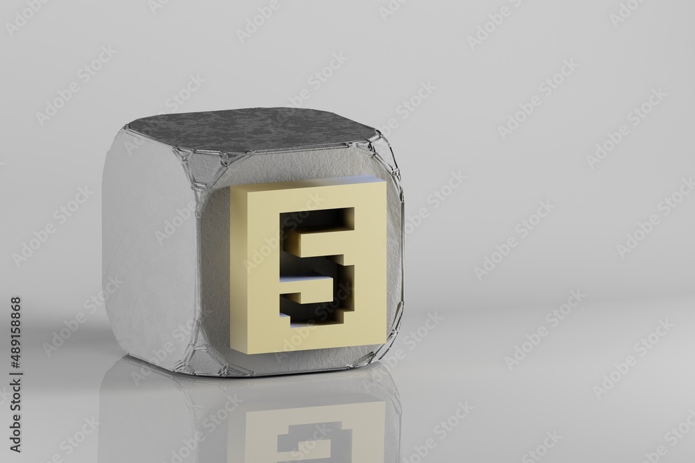 Poster Beautiful Golden Pixel number 5 symbol icons on a beton cube and white ceramic background. 3d rendering illustration. Background pattern for design..