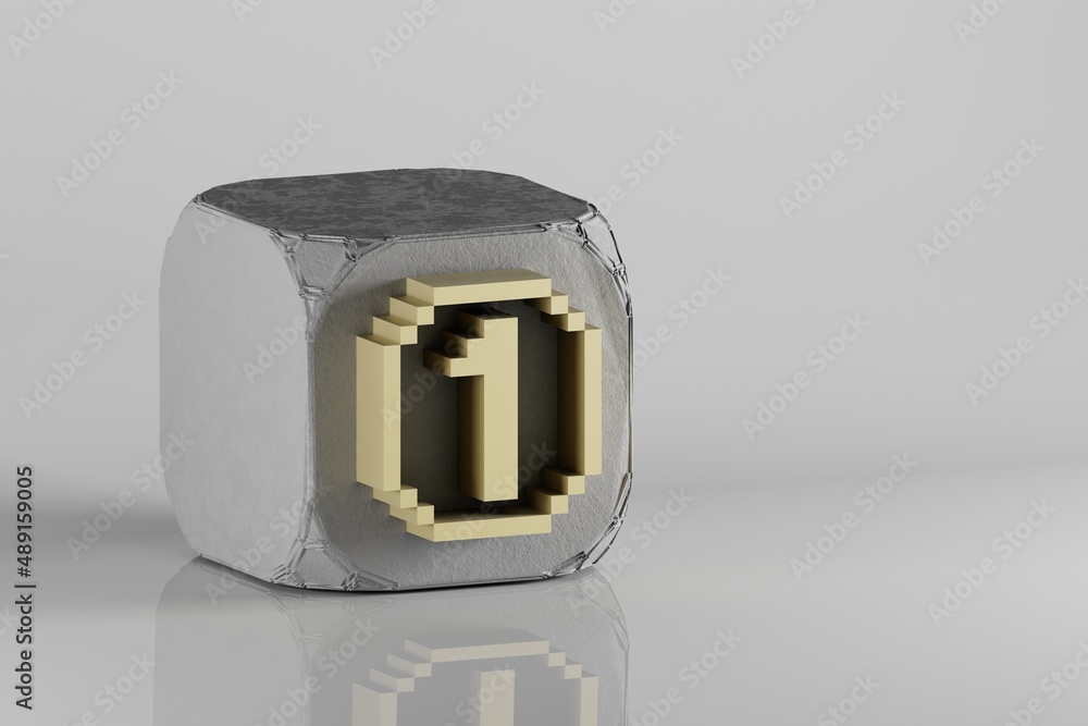 Poster Beautiful Golden Pixel number 1 symbol icons on a beton cube and white ceramic background. 3d rendering illustration. Background pattern for design..