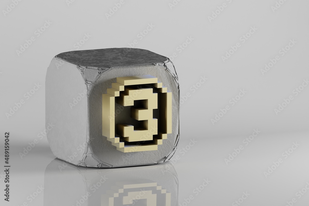 Fototapete beautiful golden pixel number 3. symbol icons on a beton cube and white ceramic background. 3d rende