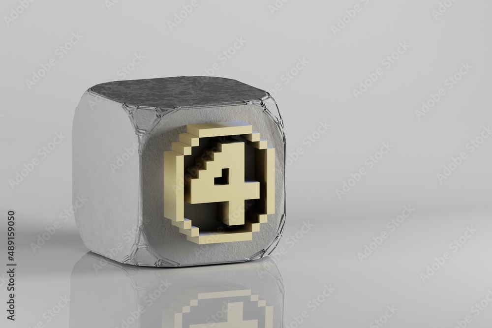 Poster Beautiful Golden Pixel number 4 symbol icons on a beton cube and white ceramic background. 3d rendering illustration. Background pattern for design..