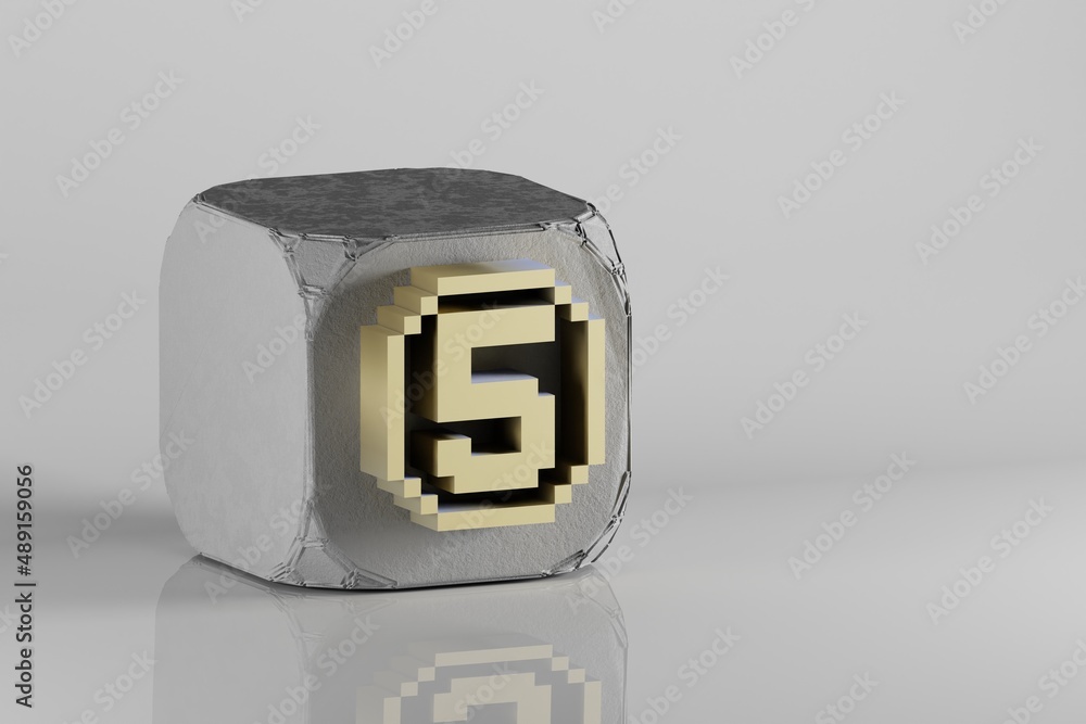 Leinwandbilder beautiful golden pixel number 5 symbol icons on a beton cube and white ceramic background. 3d render
