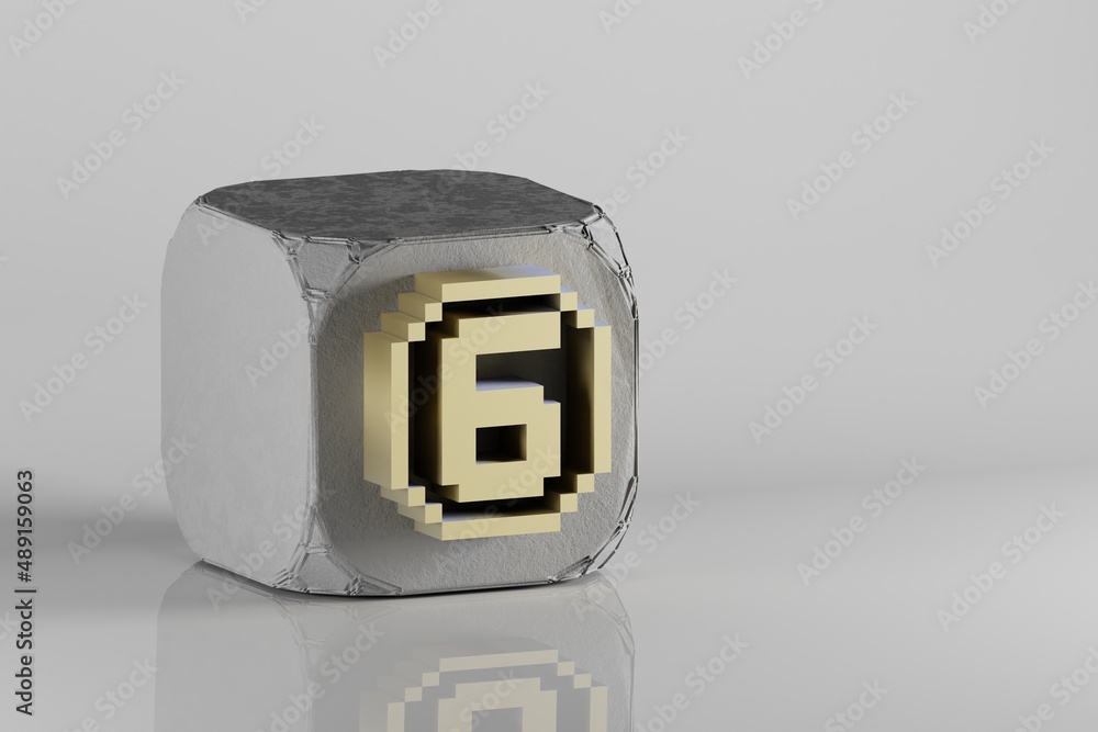 Poster Beautiful Golden Pixel number 6 symbol icons on a beton cube and white ceramic background. 3d rendering illustration. Background pattern for design..
