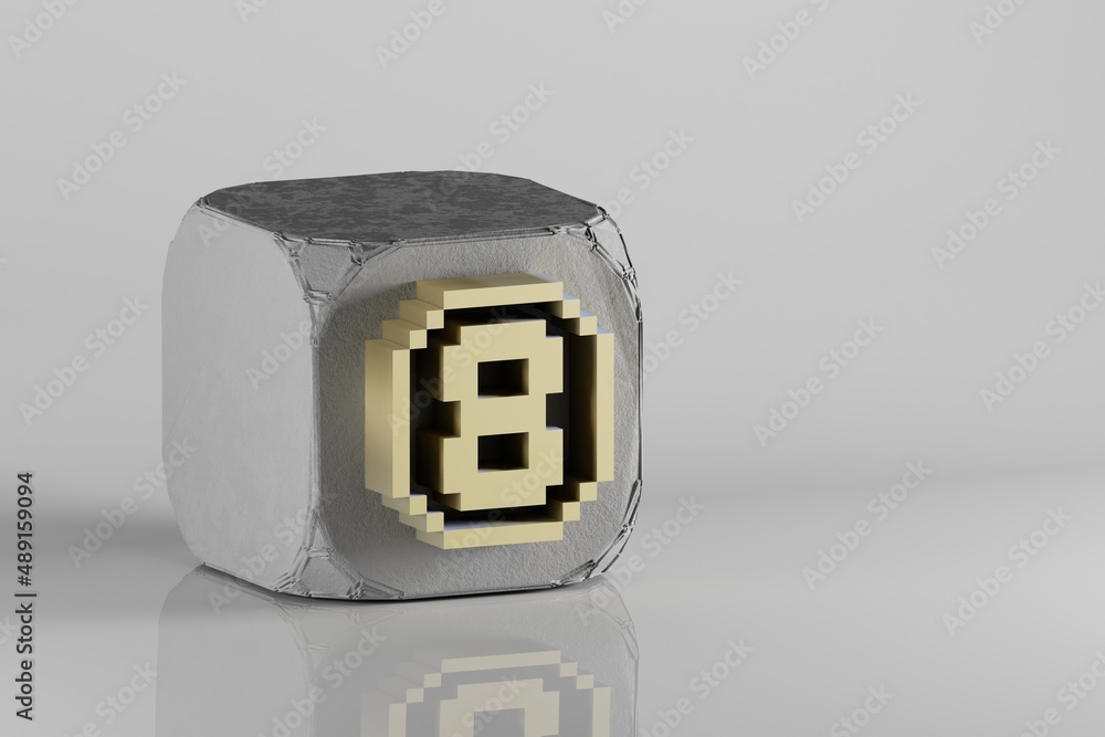 Poster Beautiful Golden Pixel number 8 symbol icons on a beton cube and white ceramic background. 3d rendering illustration. Background pattern for design..
