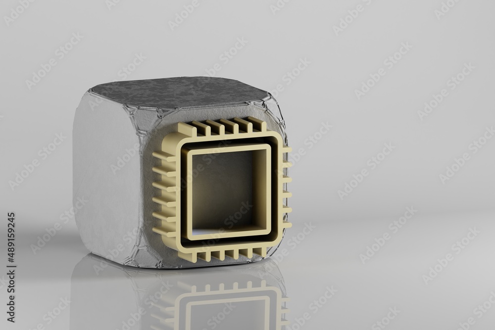 Poster Beautiful Golden CPU driver symbol icons on a beton cube and white ceramic background. 3d rendering illustration. Background pattern for design.