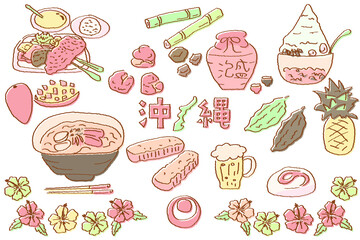 手描きの沖縄イラストセット　レトロカラー