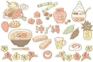 手描きの沖縄イラストセット　レトロカラー
