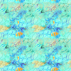 Fototapeta na wymiar Blue, green, orange texture seamless pattern. Abstract rough surface repeat print. Fluorescent, neon background, scribbles design.
