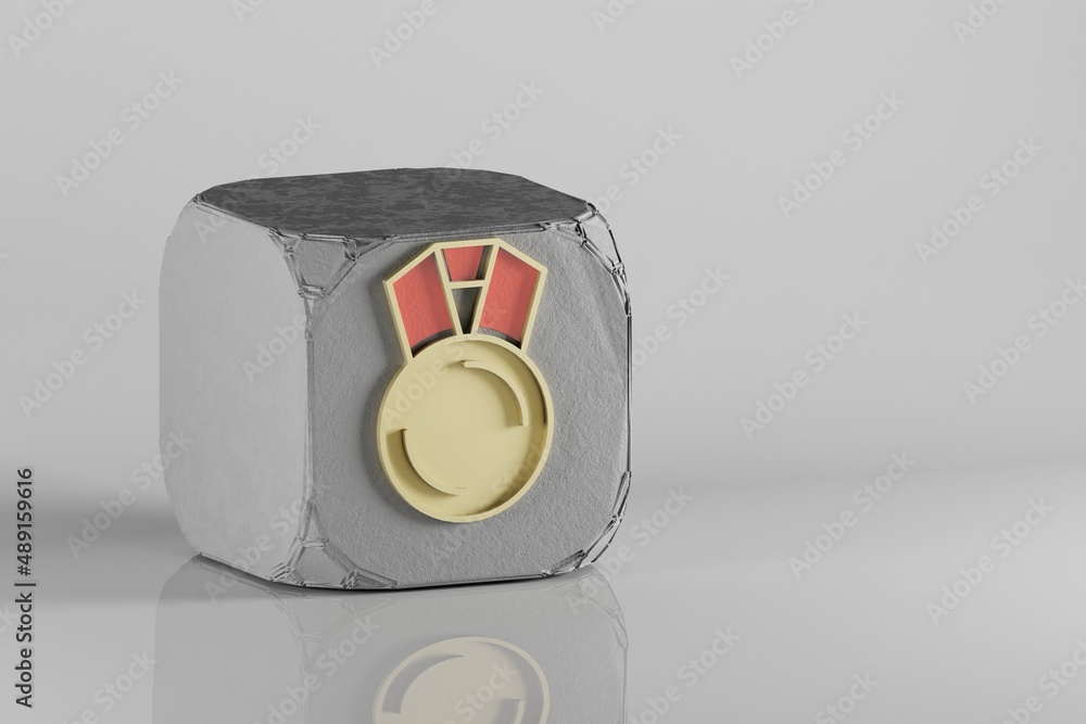 Poster beautiful golden medal symbol on a beton cube and white ceramic background. 3d rendering illustratio