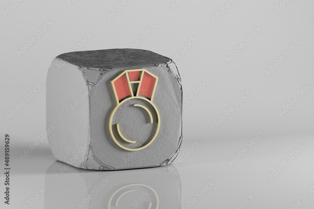 Poster beautiful golden medal symbol on a beton cube and white ceramic background. 3d rendering illustratio
