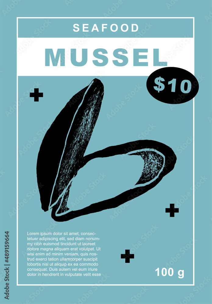 Wall mural Mussel. Set of posters of fishes and seafood in a abstract draw design. Label or poster, price tag. Simple, flat design. Patterns and backgrounds. Perfect for poster, cover, banner.