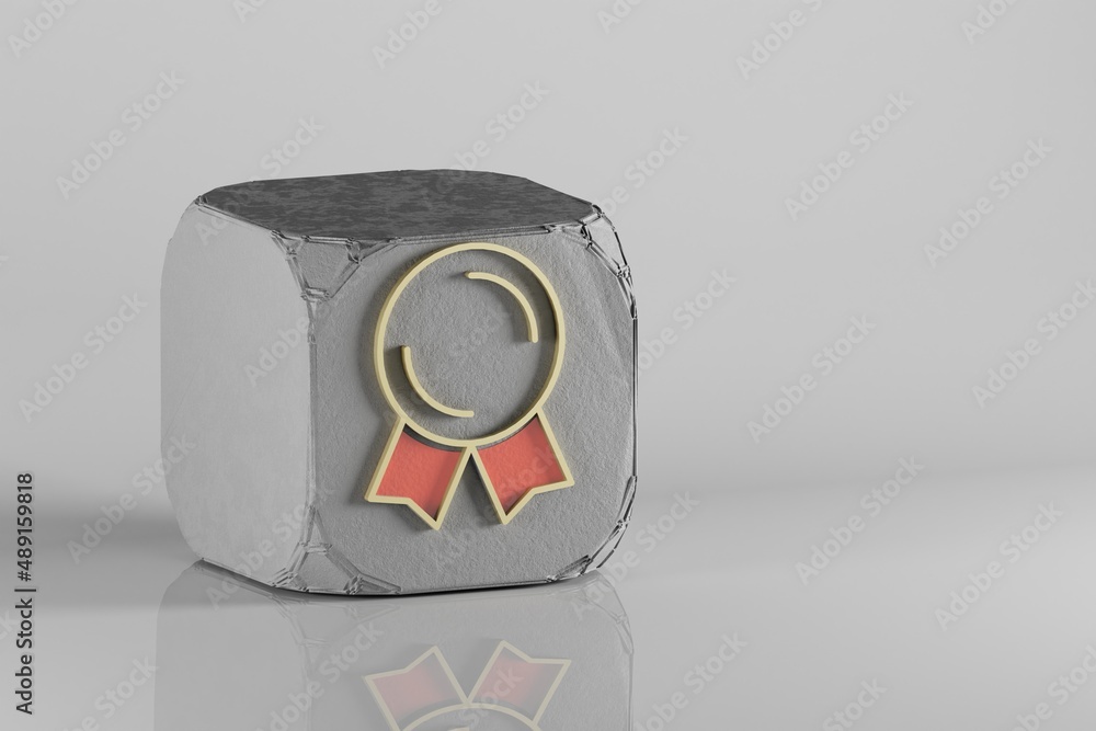 Poster beautiful golden badge symbol on a beton cube and white ceramic background. 3d rendering illustratio