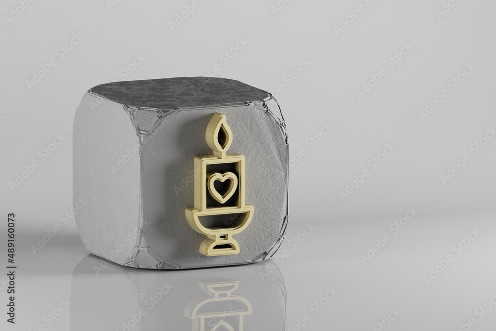 Poster beautiful golden candle with heart symbol on a beton cube and white ceramic background. 3d rendering