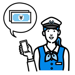 スマートフォンを持ってお金の説明をしている運転手の女性
