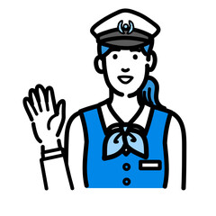 手を挙げて笑顔で挨拶をしている運転手の女性
