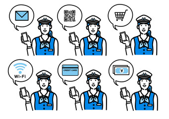 スマートフォンを持って説明をしている運転手の女性のセット
