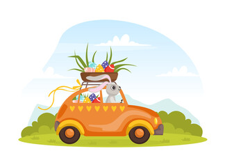 Easter Bunny Character Driving Car with Decorated Colored Eggs Vector Illustration