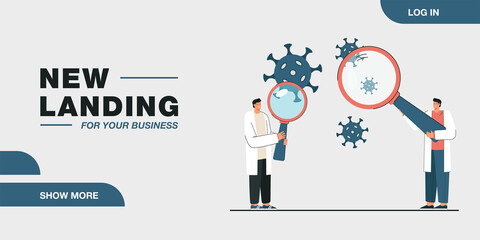 Doctors with huge magnifiers doing research on virus. Medical professionals studying coronavirus flat vector illustration. Medicine, health concept for banner, website design or landing web page