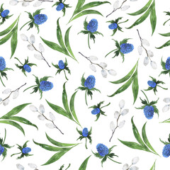 Seamless pattern with resh green leaves, white bud branches and blue flowers. Hand drawn watercolor illustration.