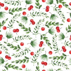 Seamless pattern with red berries, eucalyptus branches, pine branches and green leaves. Hand drawn watercolor illustration.