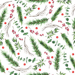 Seamless pattern with red berries, eucalyptus branches, pine and dry wood branches and green leaves. Hand drawn watercolor illustration. - 489160280