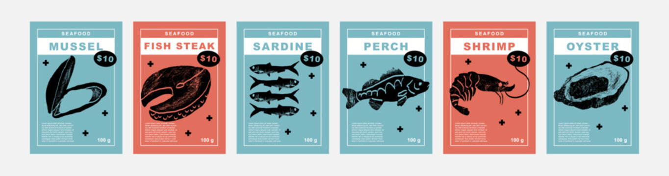 Mussel, fish steak, sardine, perch, shrimp, oyster. Set of posters of fishes and seafood in a abstract draw design. Label or poster, price tag. Simple, flat design. Patterns and backgrounds.