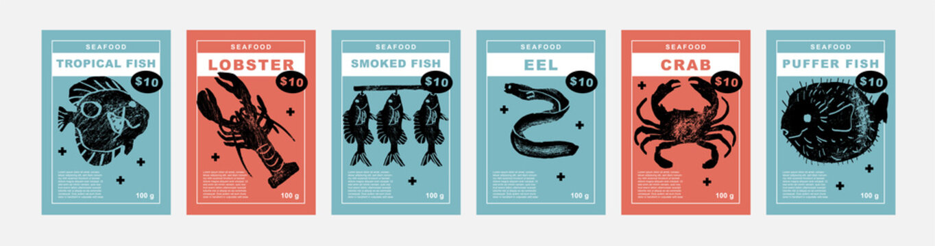 Tropical fish, lobster, smoked fish, eel, crab, puffer fish. Set of posters of fishes and seafood in a abstract draw design. Label or poster, price tag. Simple, flat design. Patterns and backgrounds.