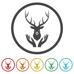 Deer in hands ring icon, color set