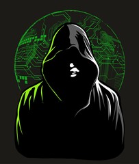 Hacker character with the hoodie and digital symbols on black background. Vector illustration.